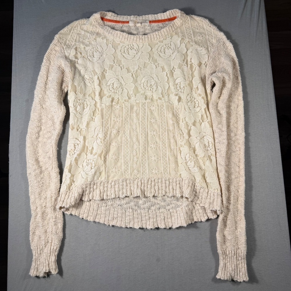 Rewind Cream Floral Lace Overlay Knit Sweater Long Sleeve Boho High-Low Small